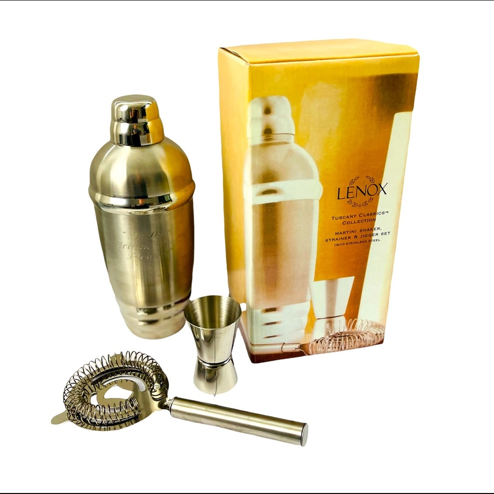 LENOX Tuscany Classics Collection Martini Shaker, Gigger, Strainer Set Stainless